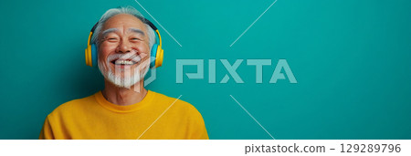 Highlighting a friendly expression, the Asian senior in headphones embodies the harmony of technology and joy, presented in a clean, minimalistic design for a contemporary mockup, banner 129289796