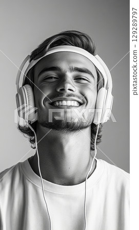 This portrait features a joyful European male wearing headphones, set against a monochrome background, emphasizing relaxation and the bliss of music in a modern mock-up 129289797
