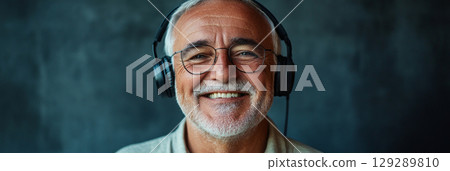 Smiling grandpa wearing headphones, relaxed on a dark background, conveying joy and the concept of enjoying life in simplicity, banner 129289810