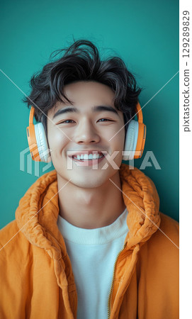 This portrait captures a cheerful Asian male wearing headphones, representing a joyful moment of life enjoyment, with a focus on music and carefree relaxation 129289829