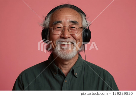 A smiling Asian senior wears headphones against a pink background, showcasing a joyful connection to music in a clean and minimalist style, ideal for a mockup 129289830