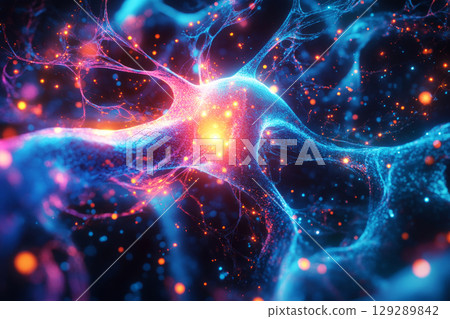 A close-up view shows neural connections firing, with electrical impulses traveling along nerve fibers, glowing brightly in a pulsating web of light, symbolizing energy and futurism 129289842