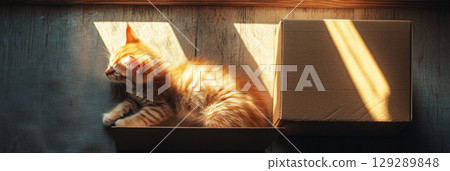 Peaceful kitten curled up in a box, its soft, fluffy fur resting still, creating a calm and cozy space, banner Peaceful kitten curled up in a box, its soft, fluffy fur resting still, creating a calm and cozy space, banner 129289848
