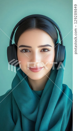 A stylish and refined portrait of an Arabian girl with headphones, captured in a simple yet modern aesthetic, featuring a fresh mint background that enhances clarity, passion for music or studies 129289849