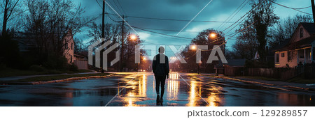 A somber portrait of a teenager walking alone at dusk, hands in pockets, head down, with the wet pavement and dark sky evoking a quiet, emotional atmosphere of teenage problems, banner 129289857