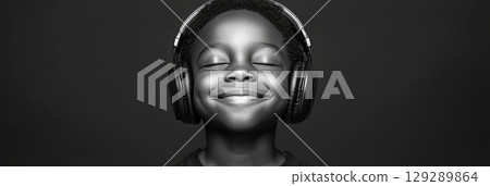 Smiling young boy wearing headphones, captured against a monochrome black and white background in clean, minimalist mock-up style, banner 129289864