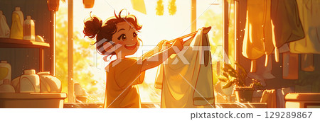 A heartwarming scene of a young child joyfully assisting with household chores, highlighting family love and support in a cozy, inviting home, banner 129289867