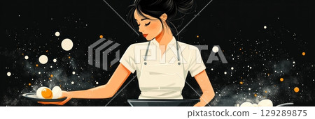In a minimalist design, a woman fries eggs in a skillet, showcasing a lively and domestic cooking moment filled with fresh ingredients and vibrant colors, banner 129289875