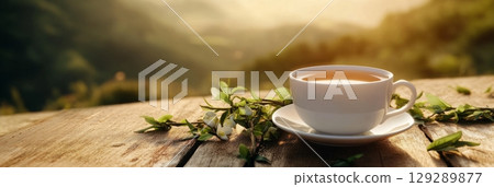 A beautifully composed close-up of a white cup of black tea, resting on a rustic table with green tea petals, basking in the soft glow of golden sunlight, banner A beautifully composed close-up of a white cup of black tea, resting on a rustic table with green tea petals, basking in the soft glow of golden sunlight, banner 129289877