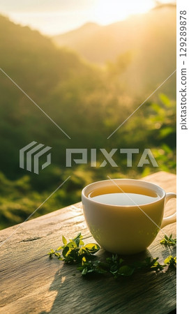This serene close-up showcases a white cup of black tea on a rustic wood table, illuminated by golden sunlight and accompanied by delicate green petals 129289878