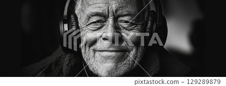 Smiling grandpa wearing headphones, relaxed on a monochrome white and black background, conveying joy and the concept of enjoying life in simplicity, banner Smiling grandpa wearing headphones, relaxed on a monochrome white and black background, conveying joy and the concept of enjoying life in simplicity, banner 129289879
