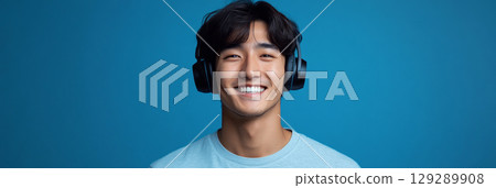 The image features an Asian male with headphones, exuding a sense of contentment and joy, celebrating the simple pleasures of life and the power of music, banner 129289908