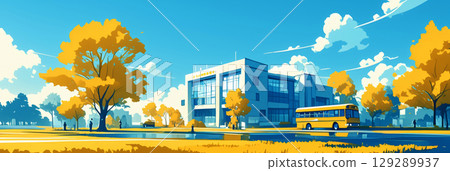 A school bus in minimalist style, parked in front of a school, with clean lines and bold yellow color standing out, giving a fresh, modern, and inviting look, banner 129289937