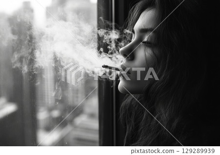 A woman standing by a window, casually smoking a cigarette, with soft, moody lighting casting shadows on her face, creating a mysterious, cinematic noir atmosphere 129289939
