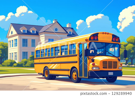 A minimalist illustration of a school bus parked in front of a school, with its bold yellow color contrasting against the modern, clean lines of the building 129289940