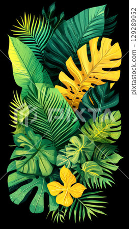 A modern composition of oversized tropical leaves, with vibrant green hues and sharp lines, placed on a black background, creating a fresh and energetic mood in graphic illustration 129289952
