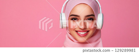 A relaxed, smiling Arab girl with headphones stands in front of a pastel pink background, showcasing a chic and simple minimalist mock-up design, banner 129289981