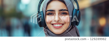 A contemporary minimalistic image of a smiling Arabian girl wearing headphones, framed by a mint background, radiating freshness, peace, and effortless elegance, passion for music or studies, banner 129289982