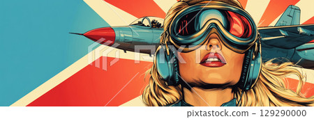 An empowering and heroic retro pin-up depiction of a strong female military pilot, standing with poise and determination on an airfield, with a combat jet in the background, exuding patriotism, banner 129290000