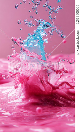 The pink water swirls as a drop dissolves, blending softly into the fluid, creating dynamic gradients and a captivating, blurred effect in this macro close-up 129290005