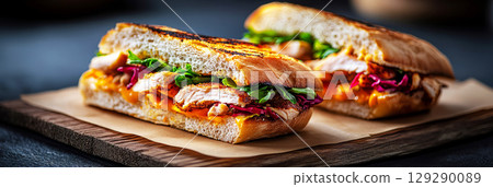 Delicious breakfast sandwiches are presented on a wooden platter, filled with fresh vegetables and savory ingredients, inviting customers to savor a morning treat, banner Delicious breakfast sandwiches are presented on a wooden platter, filled with fresh vegetables and savory ingredients, inviting customers to savor a morning treat, banner 129290089