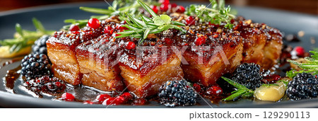 Crispy pork belly drizzled with a savory sauce is plated alongside vibrant greens and garnished with aromatic herbs, creating an inviting and delicious presentation, banner 129290113