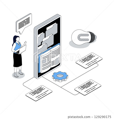 Online education 3d isometric concept with isometry people design for web. Woman reading books and textbook in mobile app, distantly learning with e-books in virtual library. Vector illustration 129290175