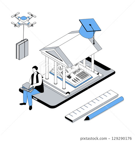 Online education 3d isometric concept with isometry people design for web. Man reading books and textbook, studying at e-learning platform and distantly graduating university. Vector illustration Online education 3d isometric concept with isometry people design for web. Man reading books and textbook, studying at e-learning platform and distantly graduating university. Vector illustration 129290176