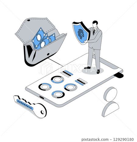 Mobile banking 3d isometric concept with isometry people design for web. Man using secure app for managing financial account, analyzing finance statistics data, money cash out. Vector illustration 129290180