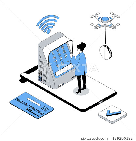 Mobile banking 3d isometric concept with isometry people design for web. Woman using atm terminal for salary cash out, managing her financial account and credit cards online. Vector illustration 129290182