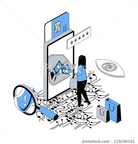Mobile banking 3d isometric concept with isometry people design for web. Woman managing personal financial account, getting access with password, paying with credit card online. Vector illustration 129290183