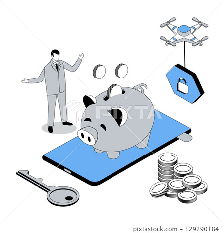 Mobile banking 3d isometric concept with isometry people design for web. Man managing personal financial account, making savings in piggy bank, deposit and investment transactions. Vector illustration 129290184