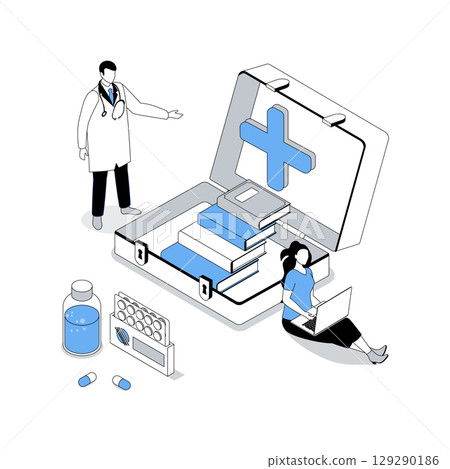 Medicine 3d isometric concept with isometry people design for web. Doctor analyzing diseases, learning scientific books for best advices and diagnosis, improving patient service. Vector illustration 129290186