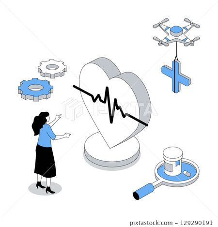 Medicine 3d isometric concept with isometry people design for web. Cardiologist researching heart diseases, making cardiogram diagnosis and analyzing heartbeat, prescribing pills. Vector illustration 129290191