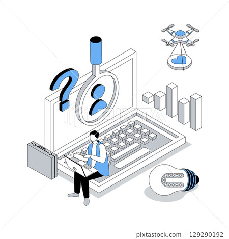 HR process 3d isometric concept with isometry people design for web. Headhunter choosing candidate resume, researching best human resource in team, recruiting and managing staff. Vector illustration 129290192