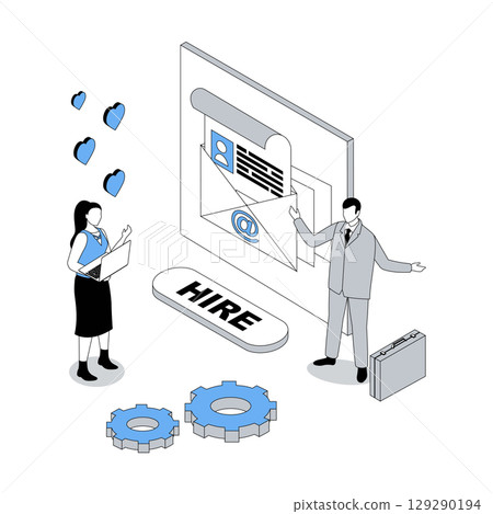 HR process 3d isometric concept with isometry people design for web. Candidate gets email with contract offer, finding career opportunity, hiring on vacancy position in office. Vector illustration 129290194