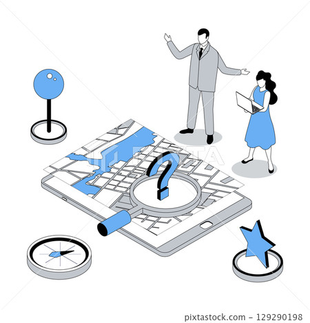 GPS navigation 3d isometric concept with isometry people design for web. Woman and man using global positioning system at computer, exploring city map with with destination pins. Vector illustration 129290198