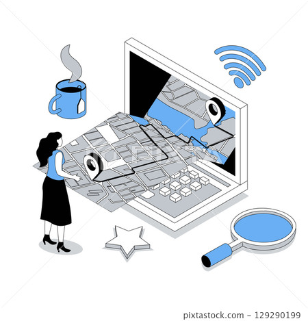 GPS navigation 3d isometric concept with isometry people design for web. Woman using global positioning system at computer, exploring city district with with destination pins. Vector illustration 129290199