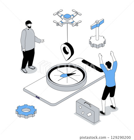 GPS navigation 3d isometric concept with isometry people design for web. Men using global positioning system with compass guide, exploring new places in trip with destination pins. Vector illustration 129290200