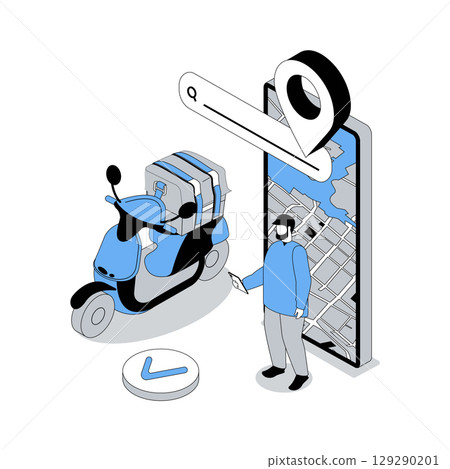 GPS navigation 3d isometric concept with isometry people design for web. Man using global positioning system for online tracking delivery courier motorbike on map to address. Vector illustration 129290201