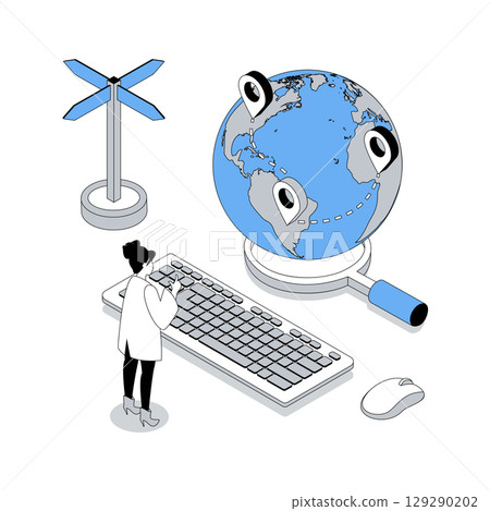 GPS navigation 3d isometric concept with isometry people design for web. Woman using global positioning system, planning journey destination route with pins continent locations. Vector illustration 129290202