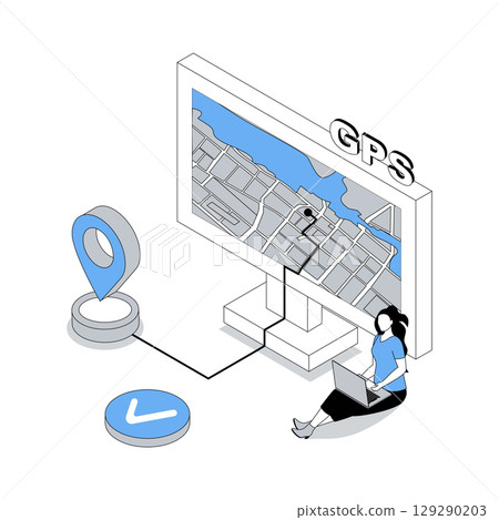 GPS navigation 3d isometric concept with isometry people design for web. Woman using global positioning system at computer, exploring city district with traffic info at screen. Vector illustration 129290203