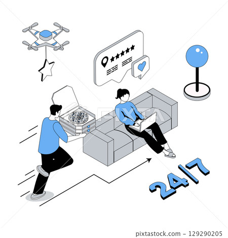 Food delivery 3d isometric concept with isometry people design for web. Woman making online order with home shipping in restaurant with best rating, getting pizza box from courier. Vector illustration 129290205