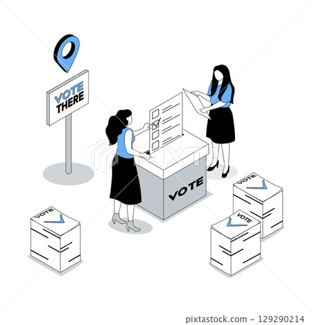 Election and voting 3d isometric concept with isometry people design for web. Voter with paper form going on polling station, putting list in box, supporting political candidate. Vector illustration 129290214