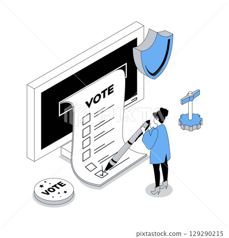 Election and voting 3d isometric concept with isometry people design for web. Woman filling digital questionnaire form and making her political choice, taking part in online vote. Vector illustration 129290215