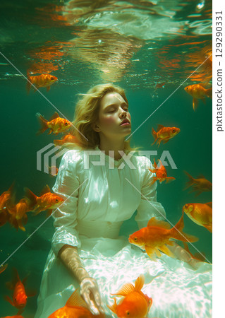 A woman is sitting in a pool of fish, with a total of 13 fish surrounding her A woman is sitting in a pool of fish, with a total of 13 fish surrounding her 129290331