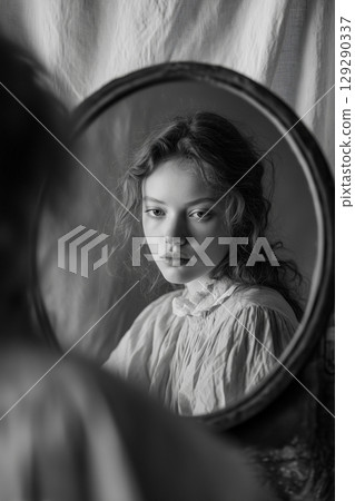 A woman is reflected in a mirror A woman is reflected in a mirror 129290337