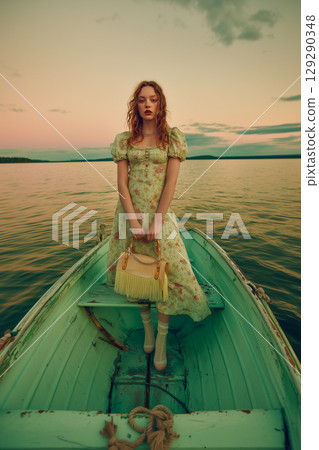 A woman in a yellow dress is posing in a boat on a lake A woman in a yellow dress is posing in a boat on a lake 129290348