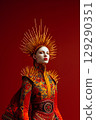 A woman in a gold and red outfit with a crown on her head 129290351