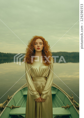 A woman in a gold dress is standing in a boat on a lake A woman in a gold dress is standing in a boat on a lake 129290353